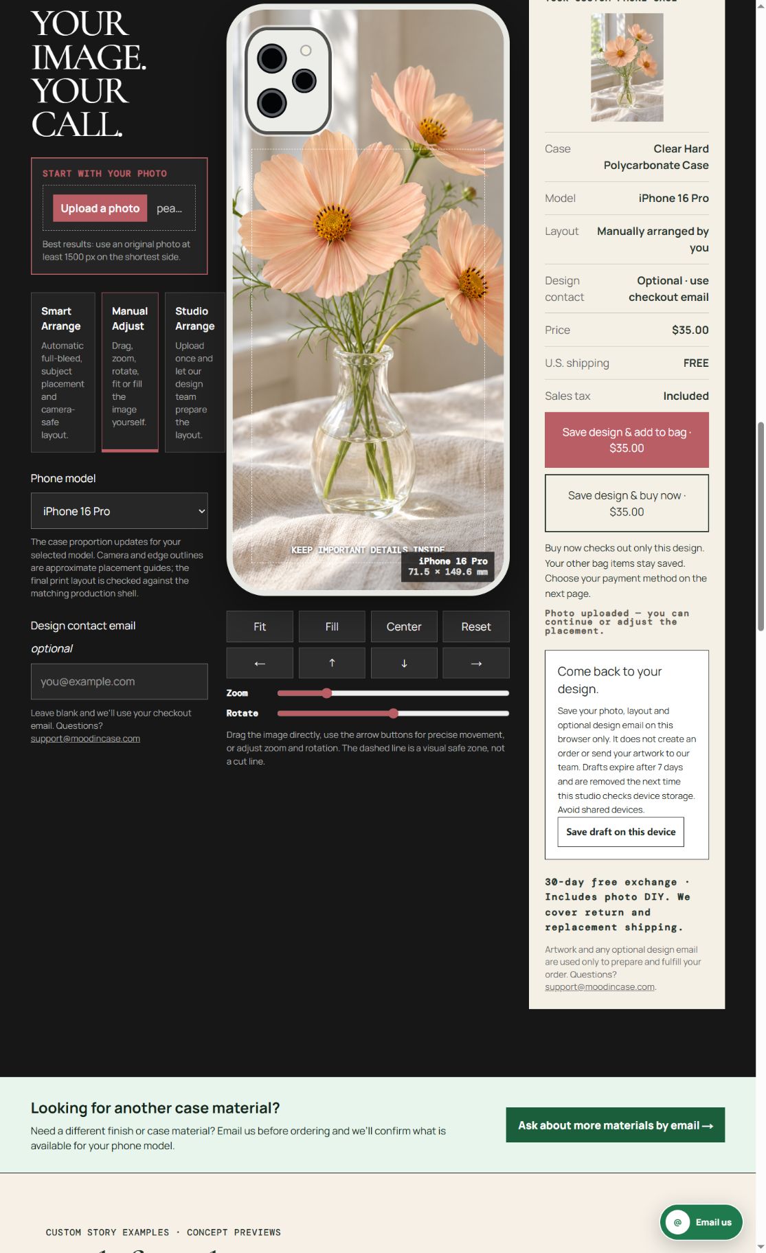 Actual Custom Studio Fill view: the same AI flower artwork fills the selected iPhone 16 Pro preview and side petals are cropped.