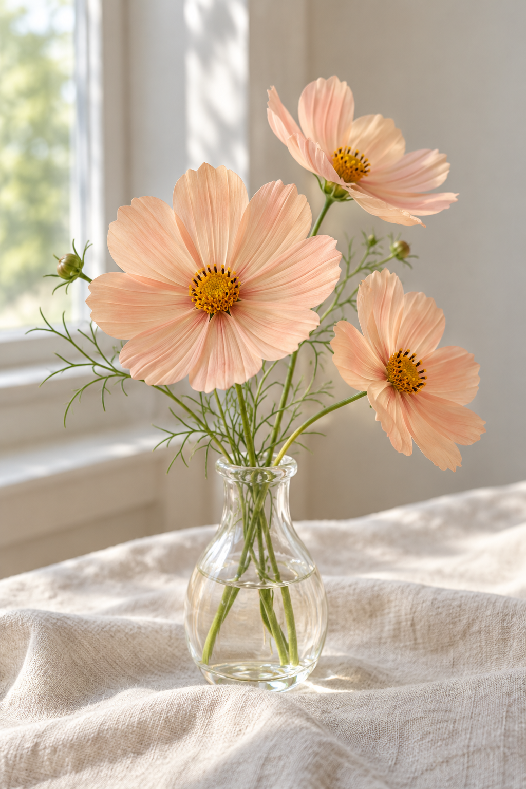 AI-generated example of peach cosmos flowers with fine petal lines, in a glass vase on linen.