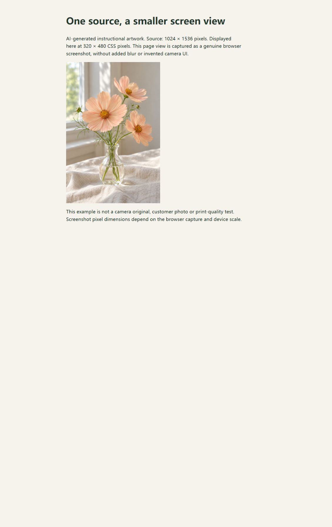 Genuine browser screenshot showing the AI flower example at 320 by 480 CSS pixels within a larger page with text and empty space.