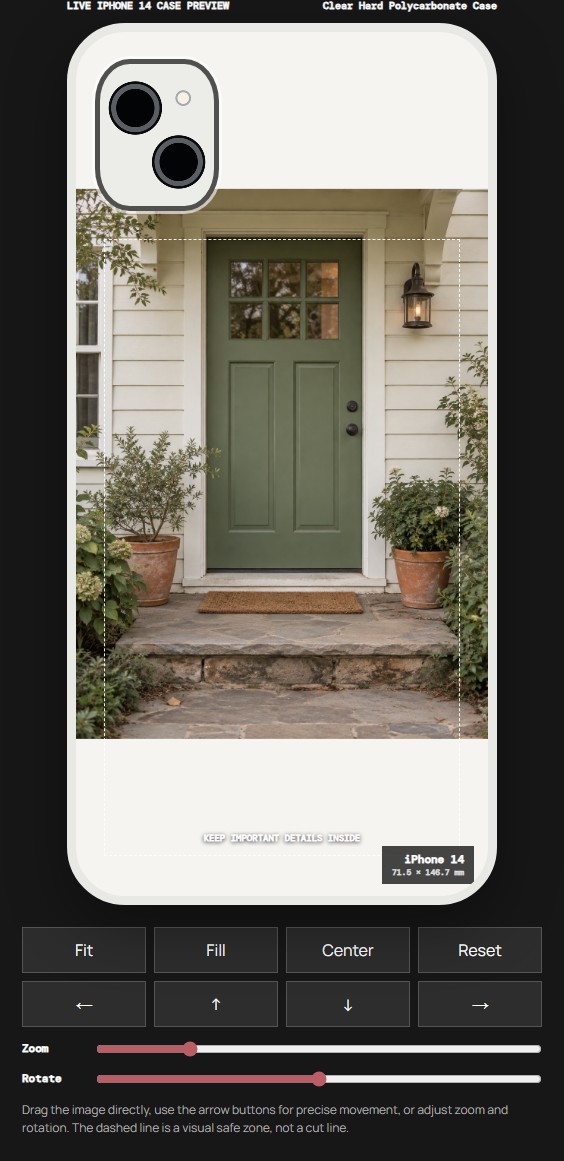 Mood In Case editor with the doorway photograph fitted onto an iPhone 14 Clear Hard Polycarbonate Case preview