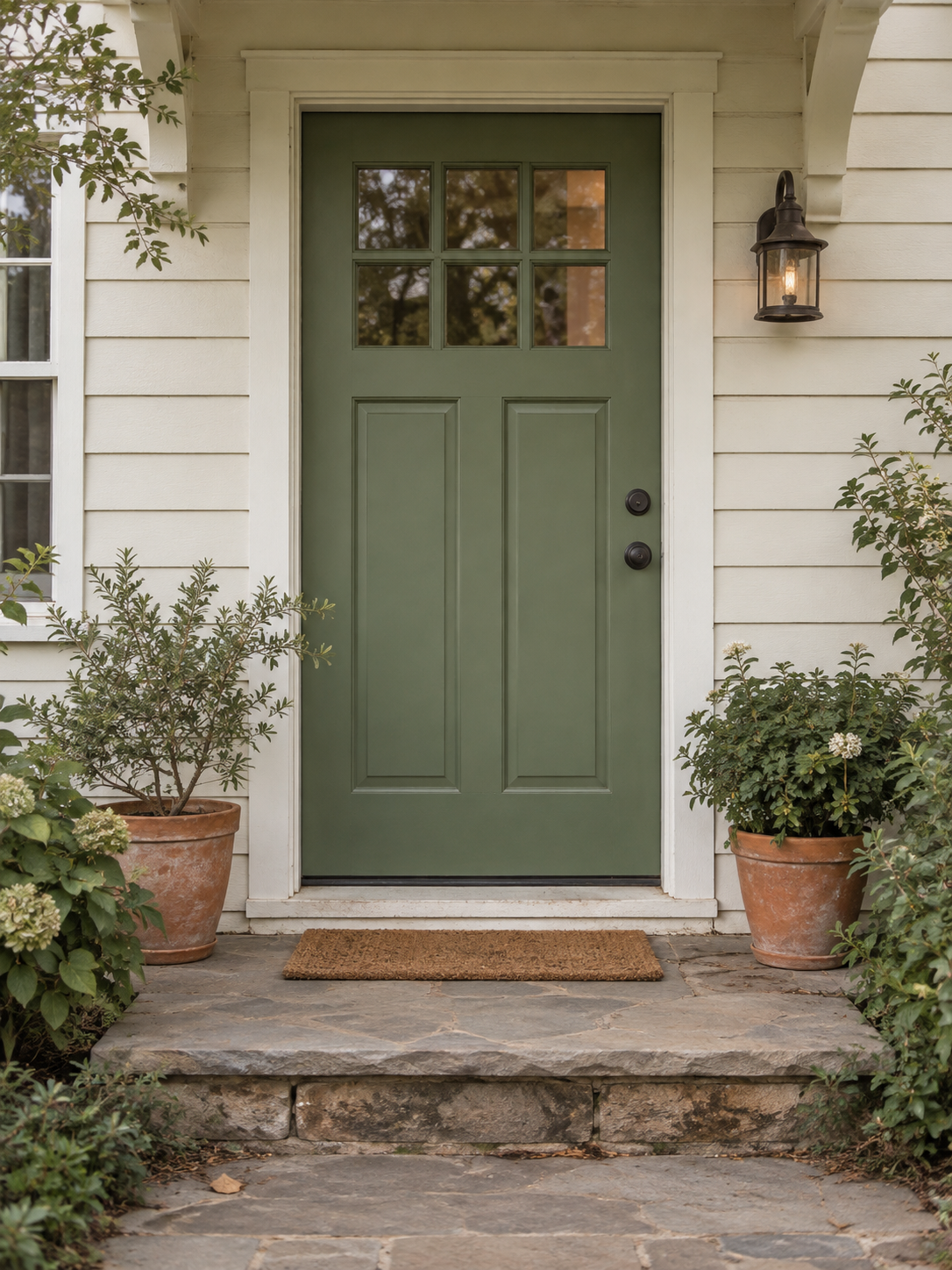 AI-generated example of a sage green cottage doorway with plants and a stone step, without an address