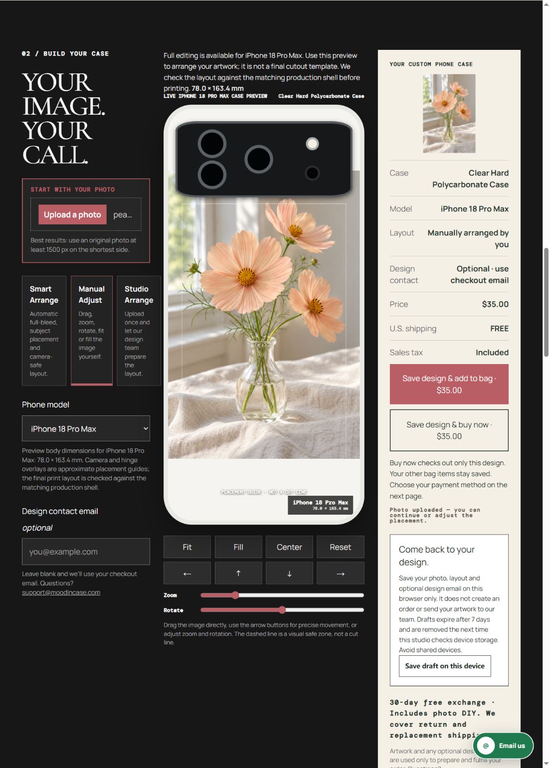 Actual Mood editor screenshot with the same flower teaching artwork upright at zero degrees, on the same iPhone 18 Pro Max option.